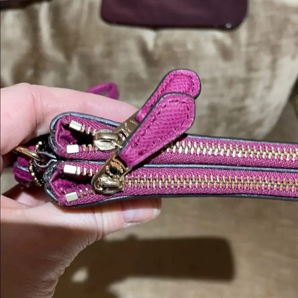 Coach wristlet brown print raspberry accents nwot